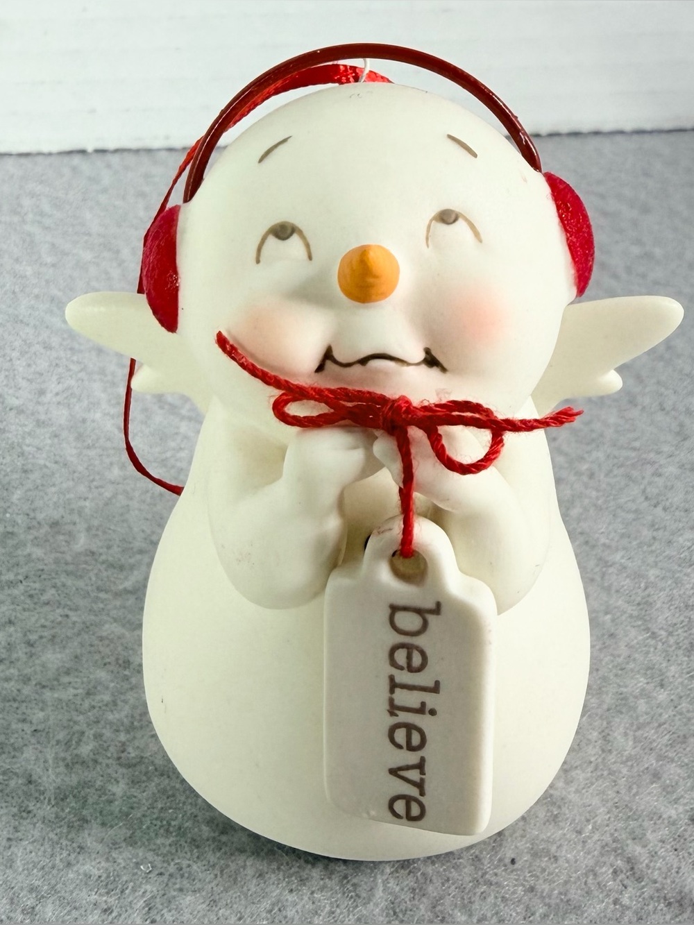 Dept 56 Snowpinions Snowman Christmas Ornament 3" Believe Angel Ceramic Holiday